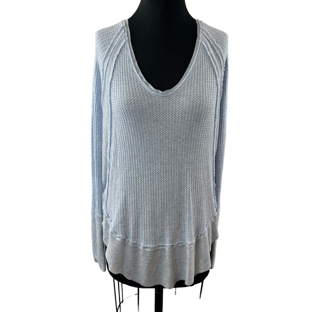We The Free People Blue Catalina Top Thermal Waffle Knit Ruffled Hem Sz S Small